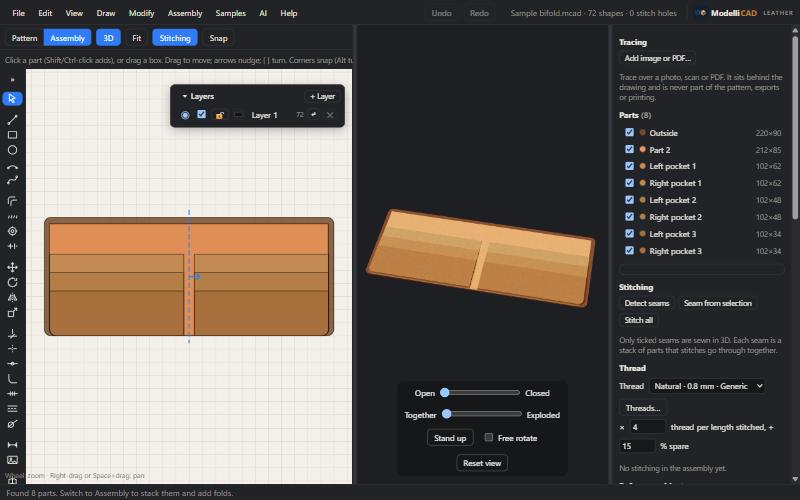 Visimake Leather showing a wallet pattern, the stacked parts and the 3D preview